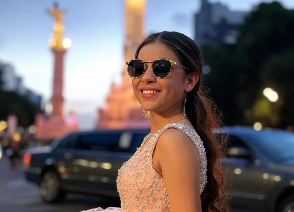 Quinceañera tomándose foto en el ángel de la independencia CDMX con su limusina