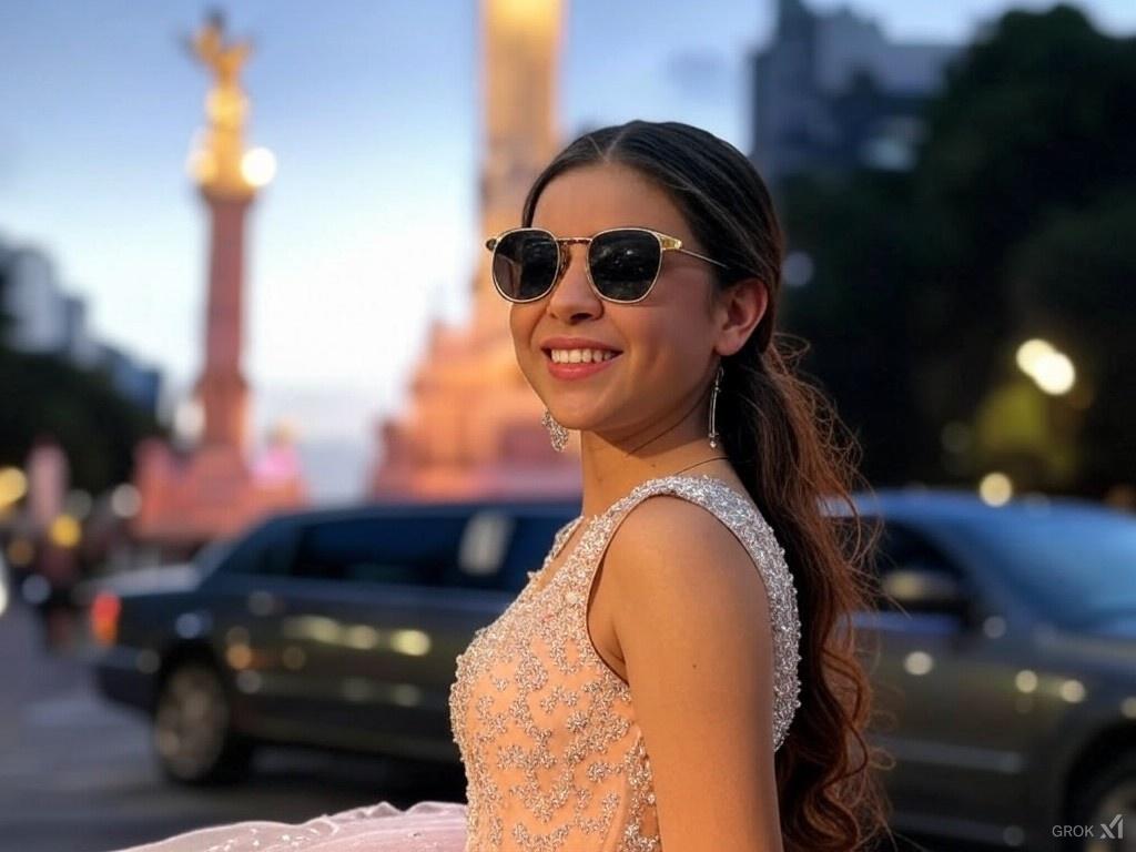 Quinceañera tomándose foto en el ángel de la independencia CDMX con su limusina